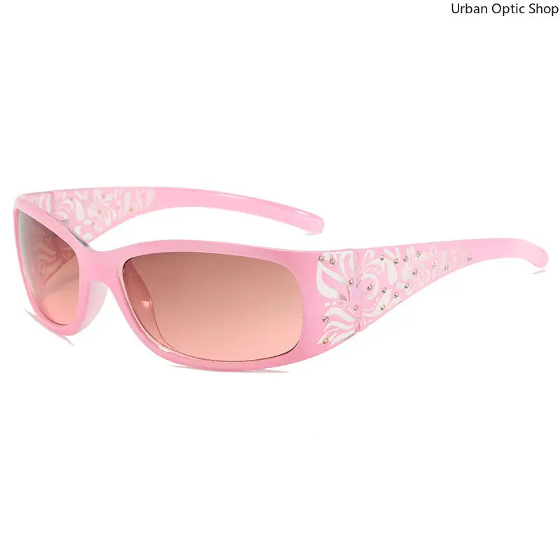 XUH Y2K Pink Wrap Around Sunglasses for Women, Rhinestone Floral UV400 Protection Vintage Shades