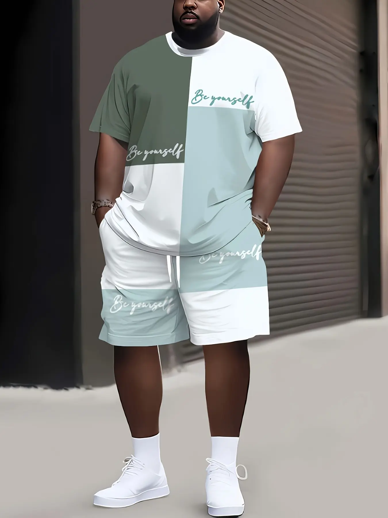 Plus Size Four-Panel Patchwork Print Tee and Shorts Set, Summer Daily Casual Two-Piece, Comfortable and Stylish