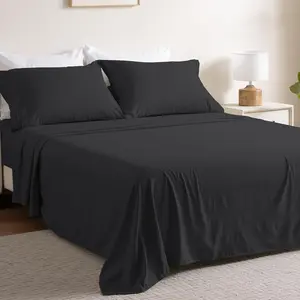 4 Piece Queen Black Bed Sheet Set, Prewashed Brushed Microfiber Cotton-Like, Ultra Soft Deep Pocket Fitted Sheet Queen Size & Flat Sheet & Pillowcases,Breathable, Fade Resistant,Easy Care(Black,Queen)