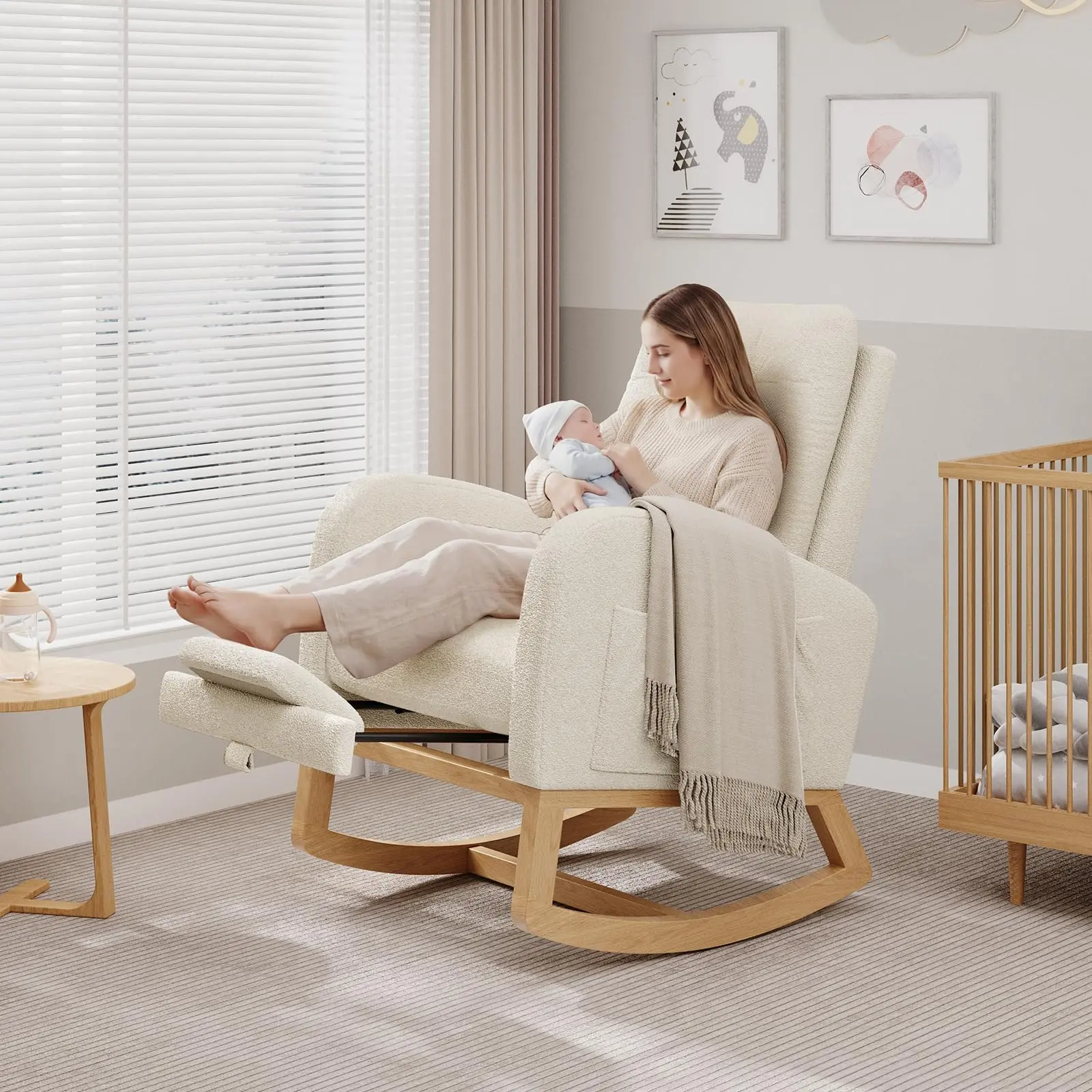 Modern Nursery Rocking Recliner High Back Chair with USB Ports, Upholstered Mid-Century Glider, Side Pocket for Supplies, Sturdy Wood Legs, Fits Nurseries or Bedrooms