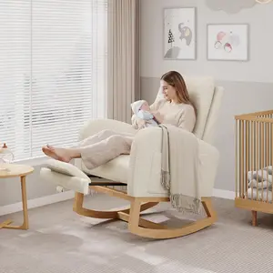 Modern Nursery Rocking Recliner with USB Charging, Upholstered Mid-Century Glider Chair with High Back, Side Pocket & Sturdy Wood Legs for Nursing Room, Bedroom, Living Room