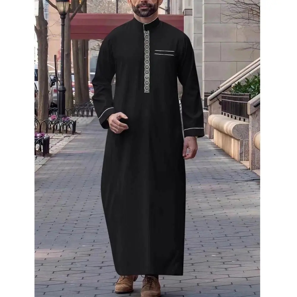 Muslim Traditional Men's Robe Moroccan Long Shirt Black Embroidered Men's Long Sleeve Robe Elegant Loose Arabian Robe