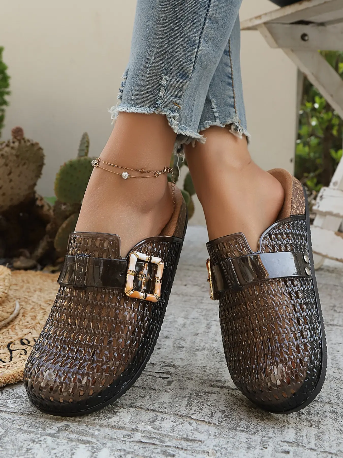 Retro Buckle Hollow Jelly Mule Sandals Breathable Cork Insole Casual Daily Women Rubber Slides Footwear Casual Mules