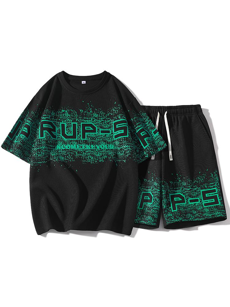 Urban Code Vibe Mens Digital Print Sweat Suit Set Oversized Fit T-Shirt with Modern Graphic and Coordinating Shorts for City Streetwear and Night outs