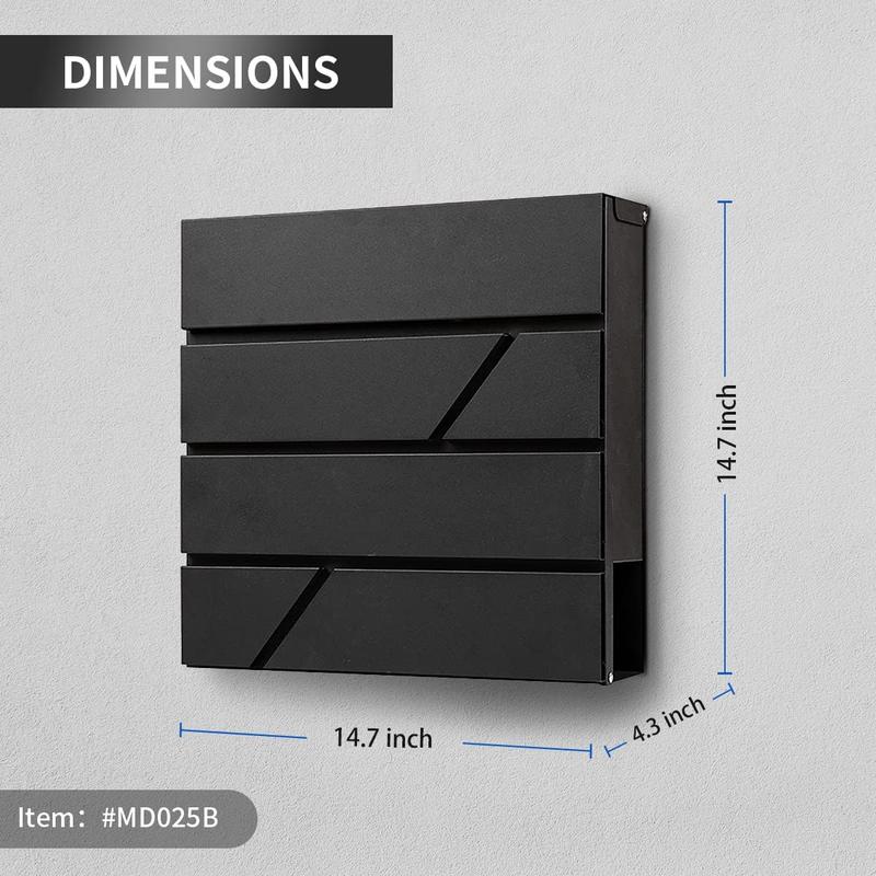 Mailbox Wall Mount,Large Capacity Locking Mailbox for Outside,Galvanized Steel Cover and Rust-Proof Metal  Box with Newspaper Holder,14.6"x14.6"x4.3" Black,MD025B