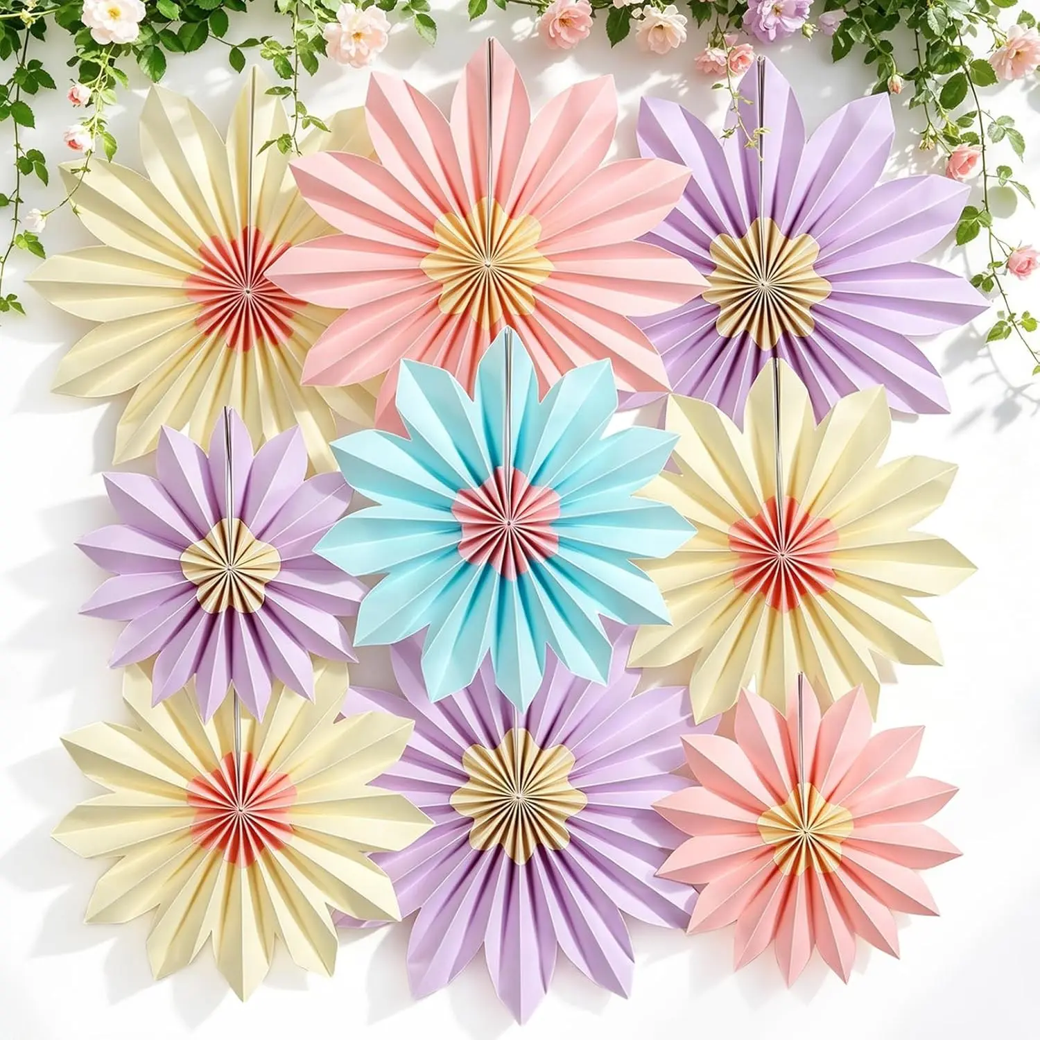 9 PCS Yellow-Pink-Purple Pastel Paper Fans & Floral Decor Kit, Party Backdrop for Birthday Photo-Window Home Accents, Set, Party Decor, Sticker, Ornaments