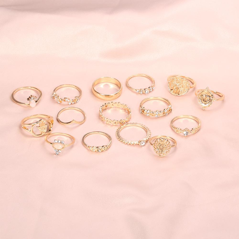 15 Pcs Vintage Gold Coin Opal Stackable Ring Set, Boho Gold Stacking Rings, Hypoallergenic Y2K Jewelry for Women