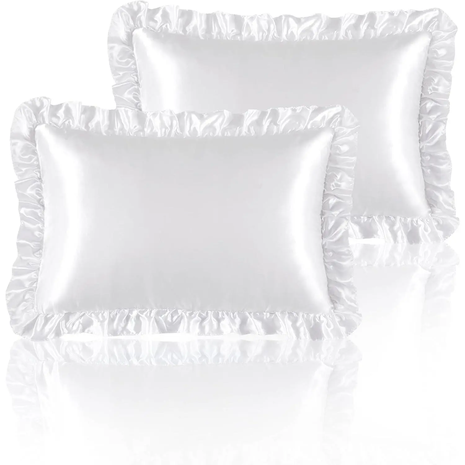 White Ruffle Satin Pillowcase Standard Size Set of 2,Imitate Silk Pillow Cases for Hair and  with Envelope Ruffle Closure, Pillow Shams Room Decorative  for Women(20"x26")