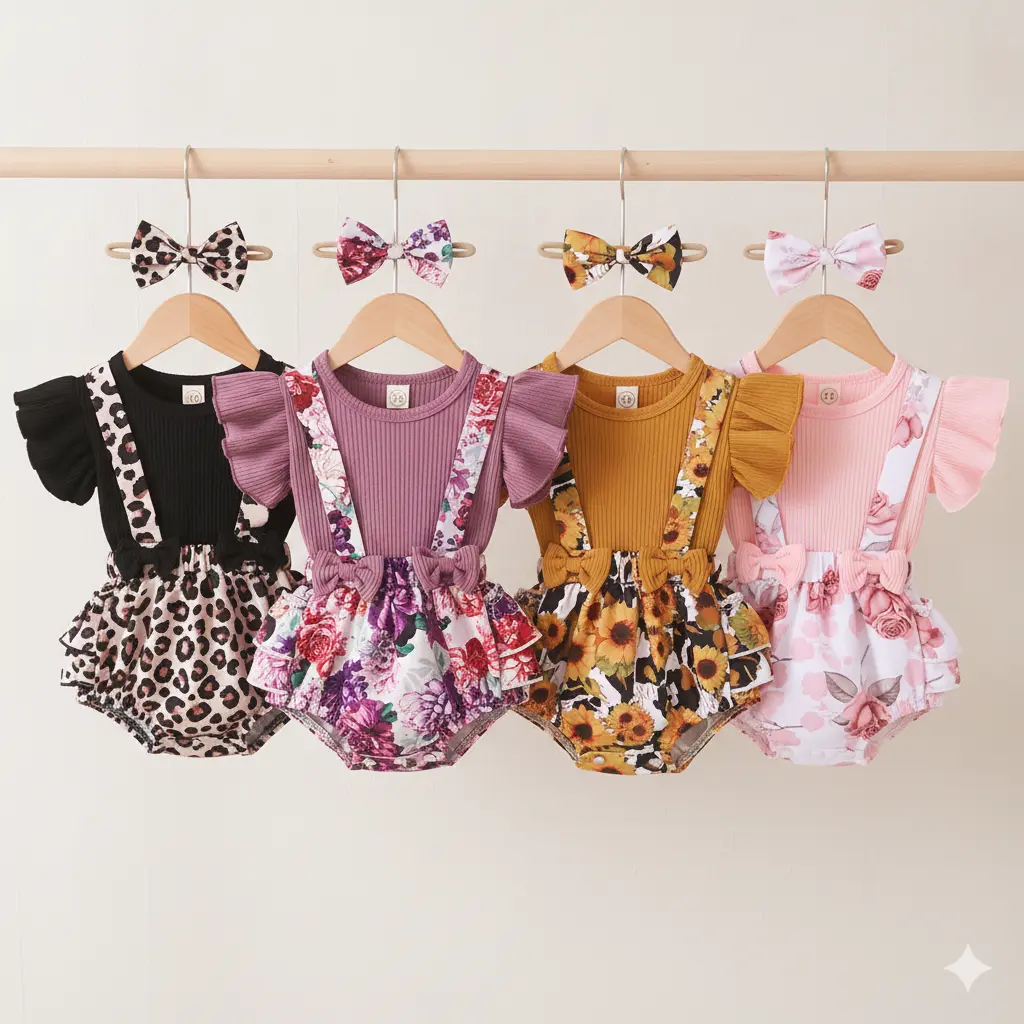 Baby Girls Casual Gift Set - 3-Piece Cotton Summer Outfit with Floral Print Ruffle Top, Suspender Skirt, and Matching Headband, Baby Girls Clothing, Casual Baby Girls Gift Sets