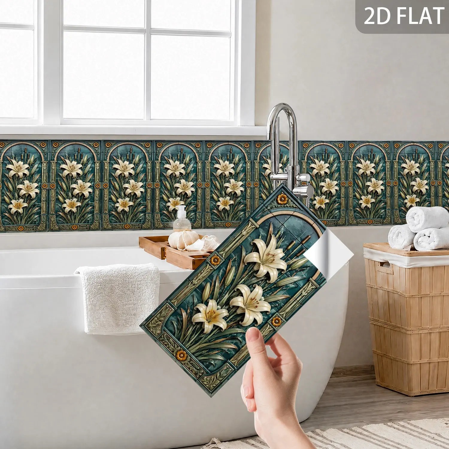 Glazed Border Tile Peel and Stick 14x28cm, Ceramic Wall Border Strip, Waterproof Self Adhesive Tile for Kitchen & Bathroom Decor