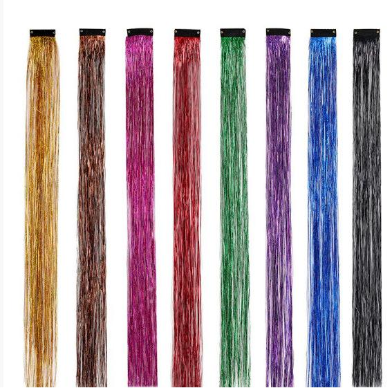 Shiny Metallic Clip in Hair Extensions Laser Colored Highlight Wig Pieces for Women Party Daily Use