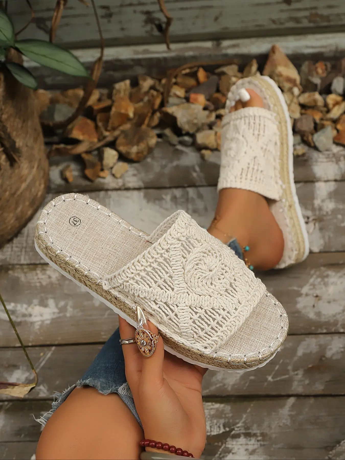 Vintage Hollow Out Knit Sandals for Women, Straw Rope Thick Sole Fisherman Slippers, Bohemian Open-Toe Beach Shoes, Casual Outdoor Footwear, Open Toed Slippers