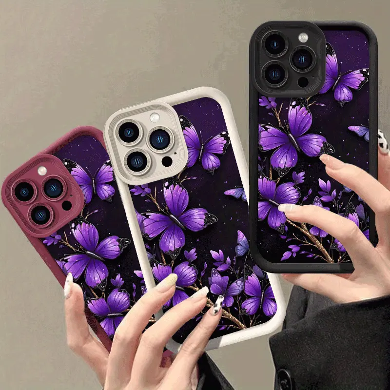 Glitter Purple Butterfly Starry Sky iPhone Case - Cream White Soft TPU Shockproof Full Wrap Smartphone Casing, Magical Dark Background Floral Print Anti-Slip Handheld Devices Accessory for iPhone 17/16/15/14/13/12/XS Series, Accessories, Anti-Slip Grip