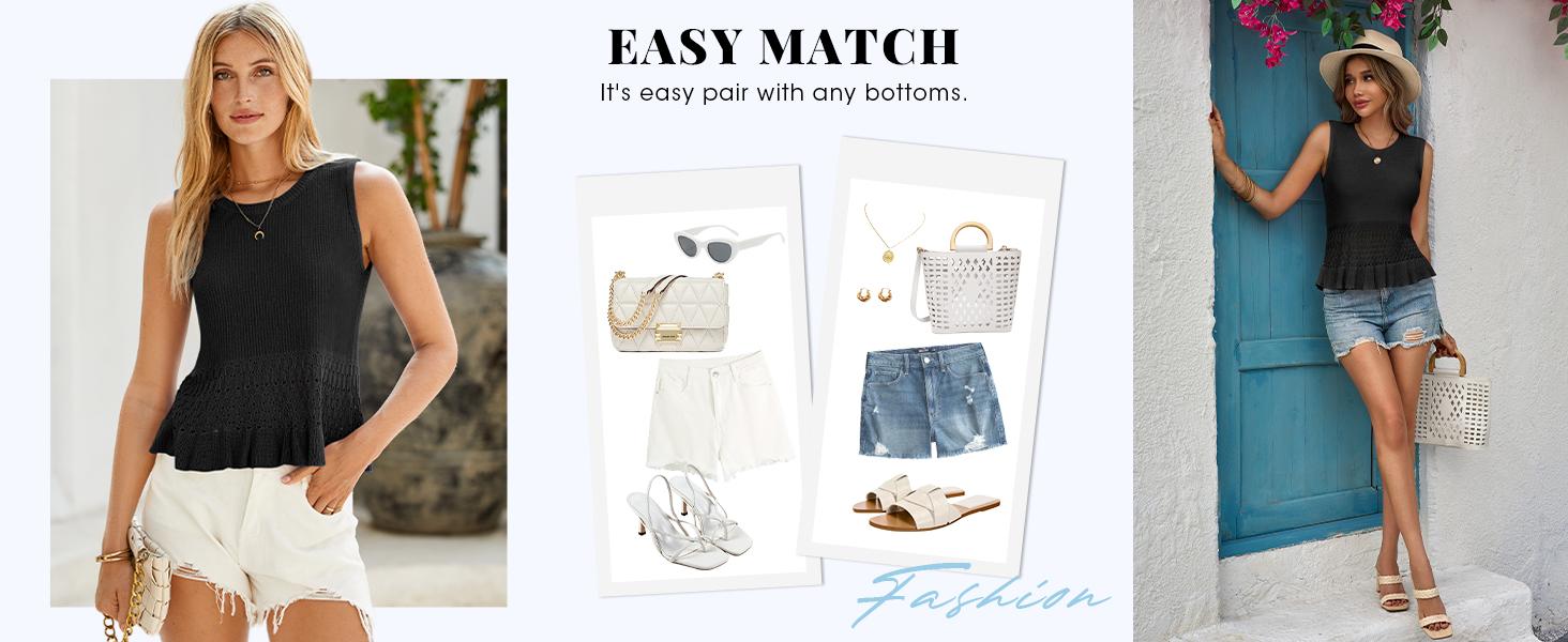 Saodimallsu Womens Crochet Crop Tank Tops Sleeveless Crew Neck Ruffle Summer Boho Knit Sweater Vest