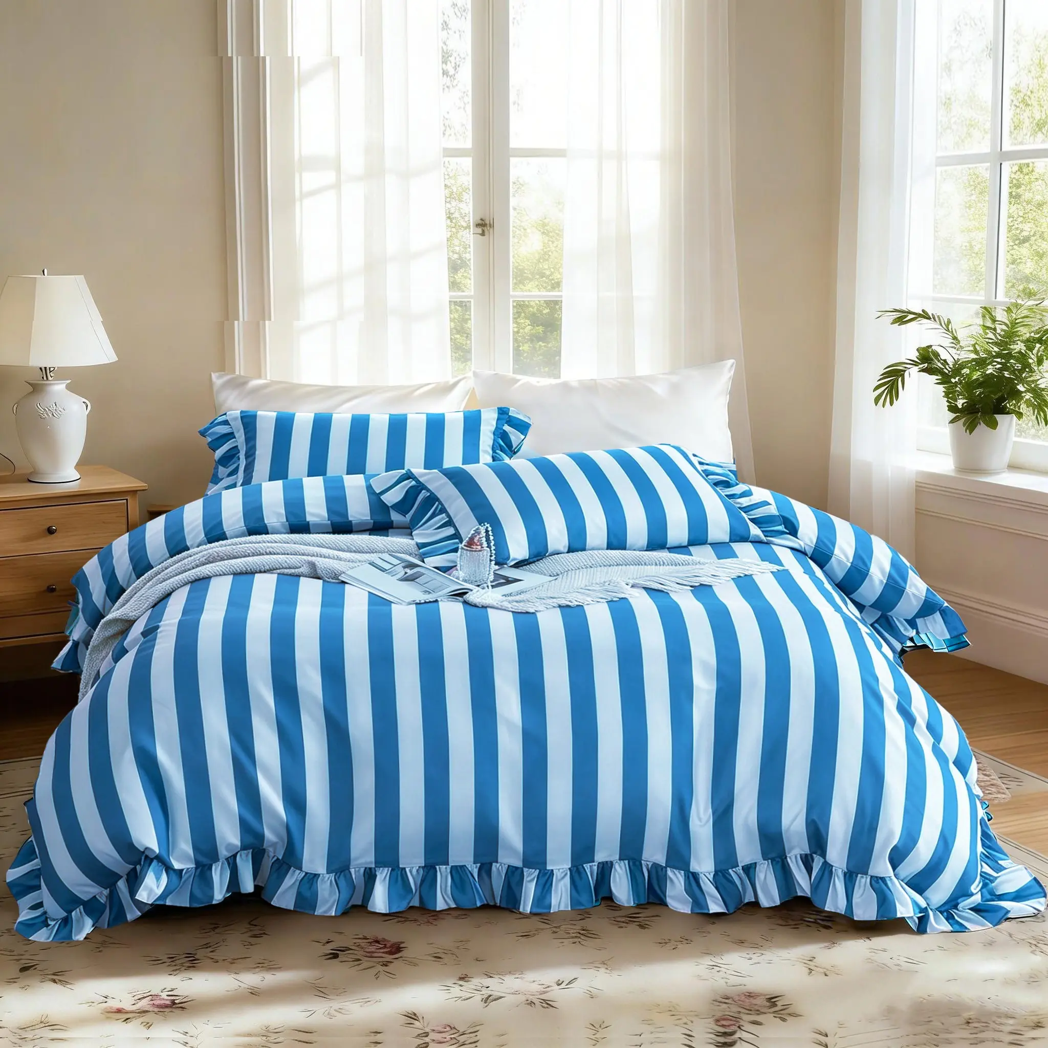 3PCS French Country Farmhouse Style Cozy Ruffled Bedding Set, Blue Striped Print with Ruffle Edge Design, 1 Duvet Cover + 2 Pillowcases (No Insert), Home Bedroom Decor, Perfect Birthday Gift