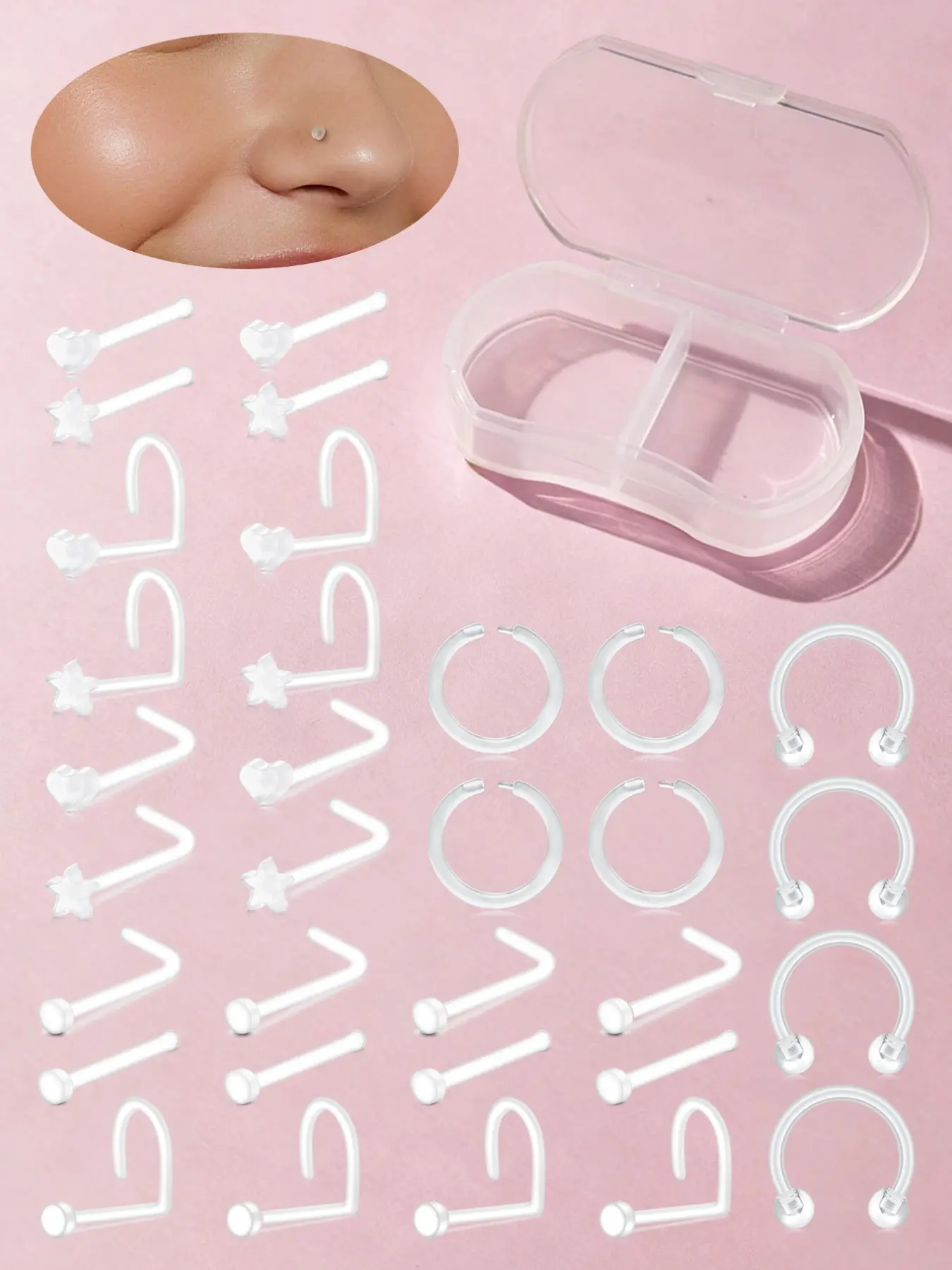 Flexible Acrylic Clear Nose Piercing Retainer Kit, Bioflex Invisible Nose Studs, Storage Box, Sensitive Skin Friendly, Daily Use