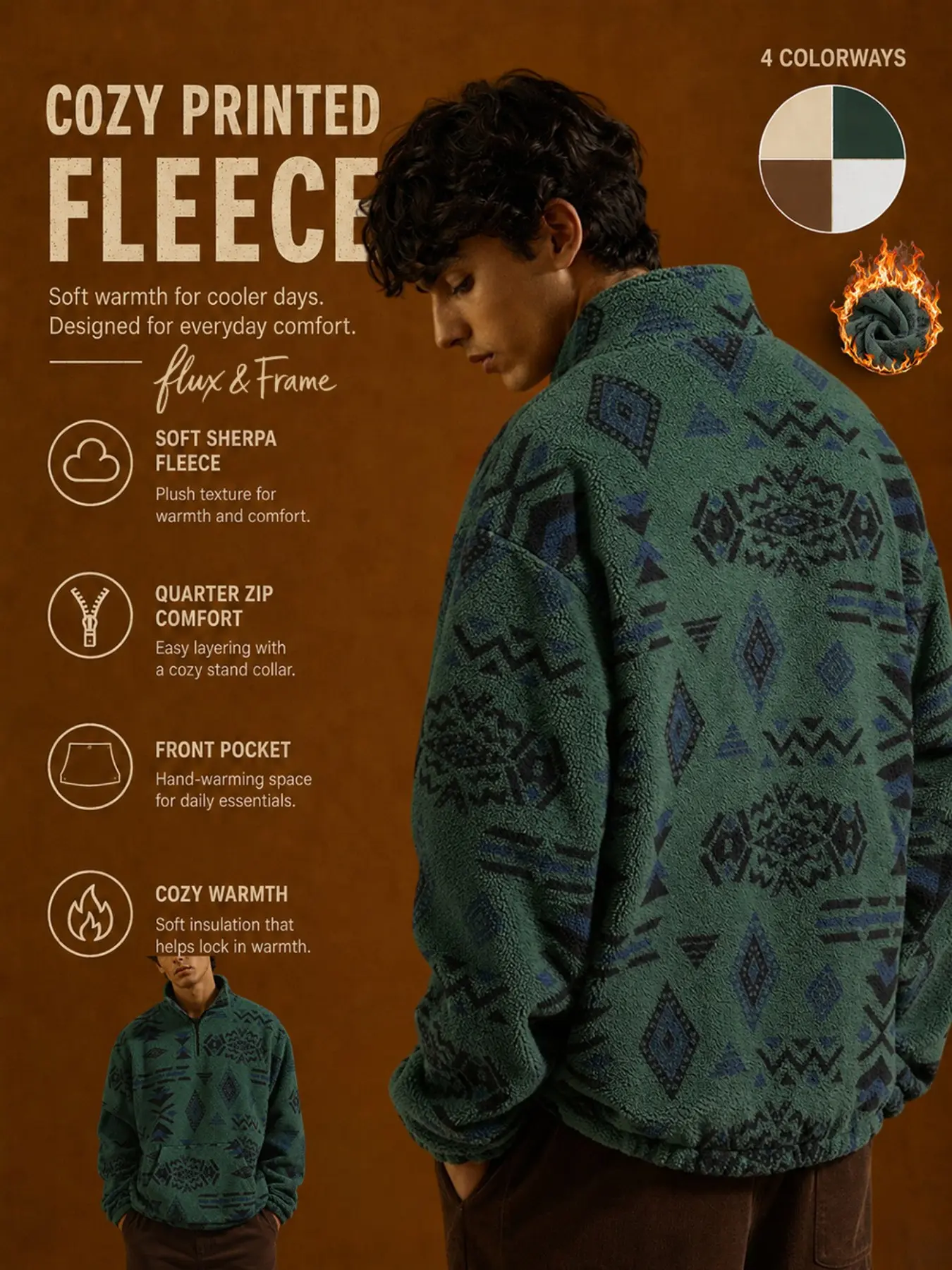 FF Men's Aztec Print Quarter Zip Fleece Pullover, Relaxed Soft Cozy Warm Long Sleeve Top with Stand Collar & Kangaroo Pocket, for Fall Winter, Outdoor, Camping, Travel & Casual Streetwear