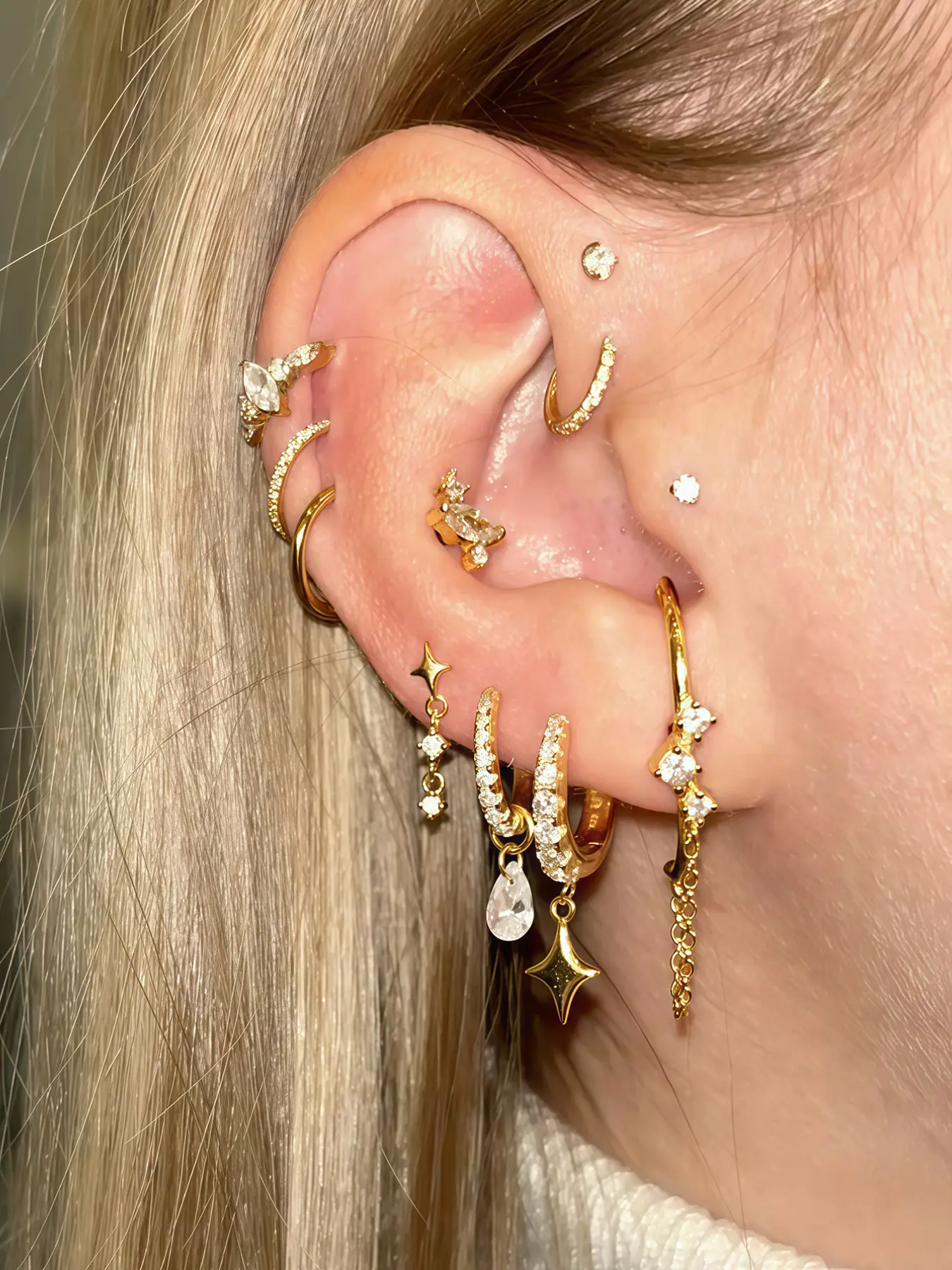 11-Piece Zircon Star Pendant Earrings Set, Multi-Hole Studs, Clips, Dangles, Women's Daily, Party, Event Jewelry, Stackable Design