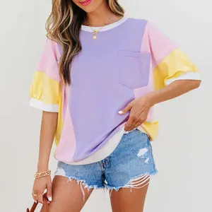 Women's Purple Color Block Patchwork Half Sleeve Oversized T Shirt