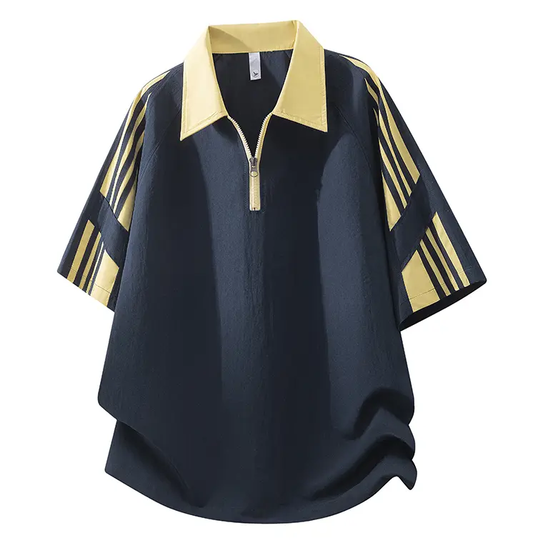 Two-Tone Lapel Half-Zip Striped Raglan Men'S Short-Sleeve T-Shirt, Textured American Retro Style Sporty Breathable Patchwork Casual Half-Sleeve T-Shirt, College Simple Style Trendy Versatile Men'S Top # SummerWins