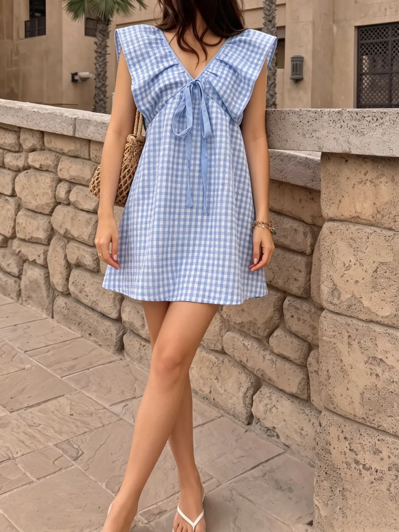 Summer Plaid Mini Dress, Cute Loose-Fitting Sleeveless Design, V-Neck Backless Style, Beach Vacation Wear, Multiple Colors Available, Casual Backless Sleeveless