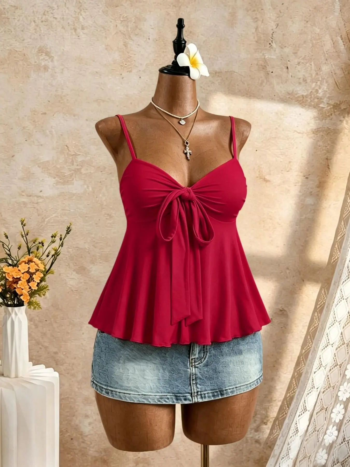 Butterfly Knot Front Ruffle Strapless Tank Top, Thin Shoulder Straps Flowy Sleeveless V-Neck Women's Summer Top, Elegant, Feminine and Stylish Design