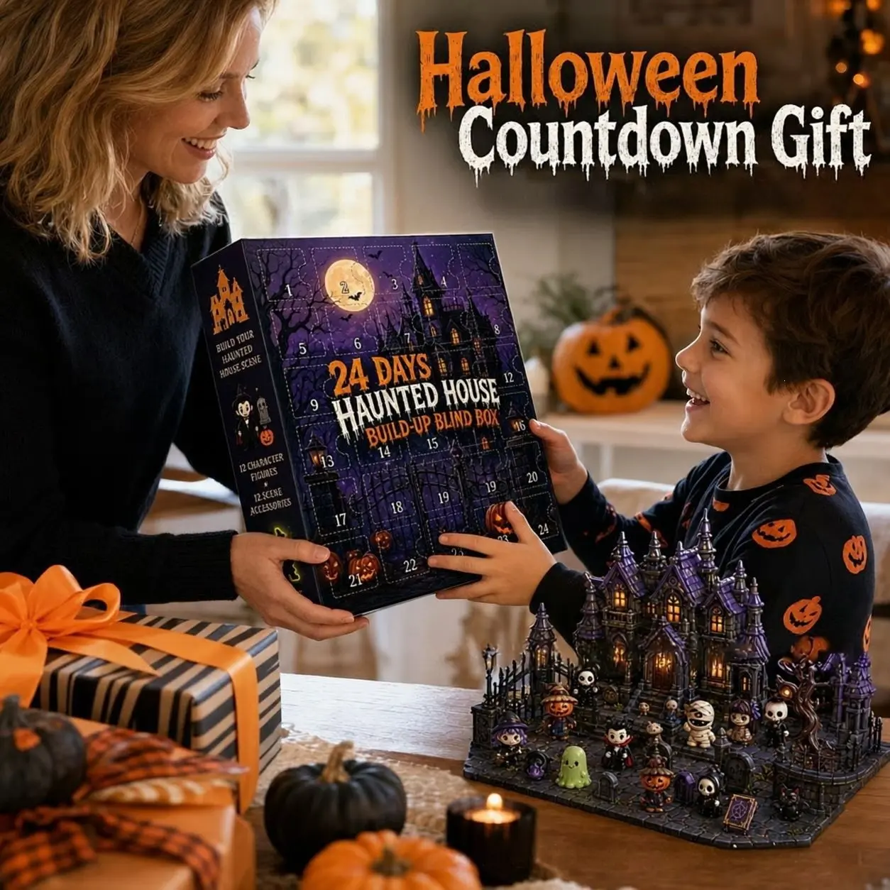 24 Nights of Fright Halloween Advent Calendar Box, containing 24 collectible horror figurines – a 24-day countdown calendar perfect for parties, with daily character-themed resin door decorations to add style to your 24-day countdown
