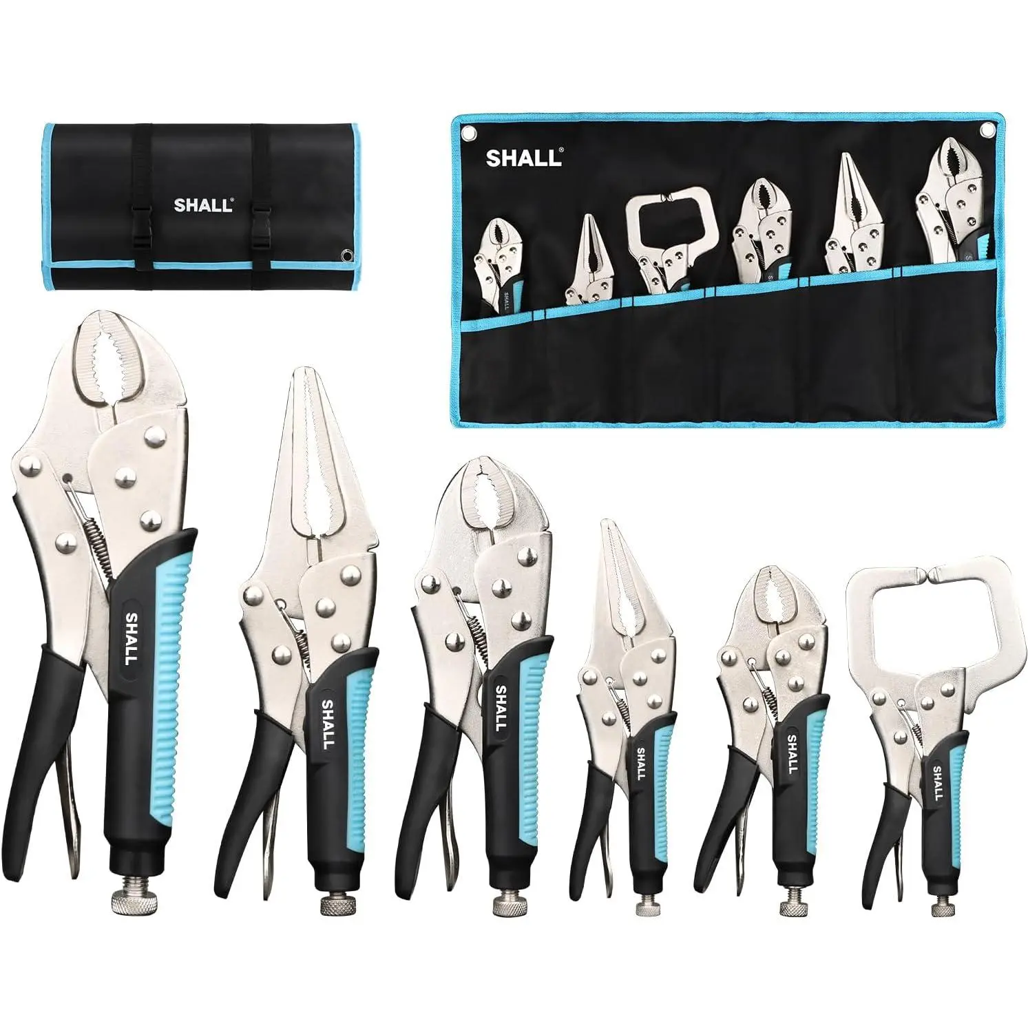 Locking Pliers, Vice Grips Pliers Set, 5",7" & 10" Curved Jaw Locking Pliers, 6-1/2" & 9-1/2 Long Nose Locking Pliers, 6" Locking C-Clamp, Two-Color TPR Handle, Roll Up Included