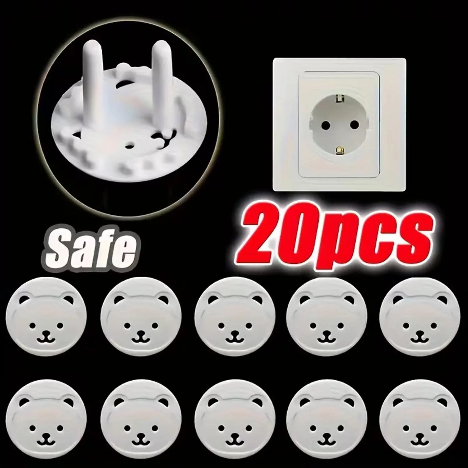 Cute Bear European Standard Socket Protection Cover, Anti-Electric Shock Power Strip Cover, Thick Round Head Design, Safety