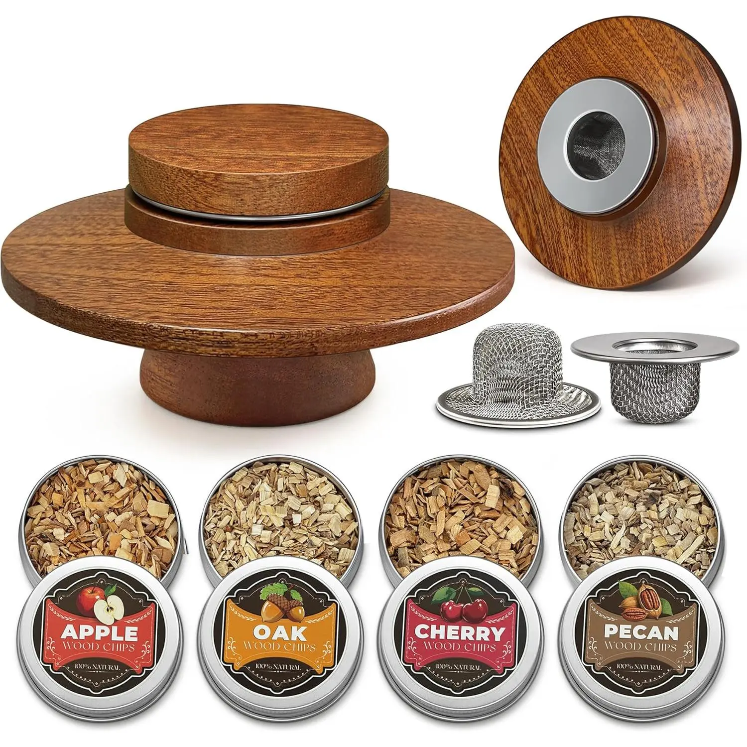 Whiskey Smoker Kit with 2pcs Stainless Steel Filters & 4 Flavor Wood Chips, Premium Sapele Smoker Kits for Cocktails, Party Use, Men's Gift