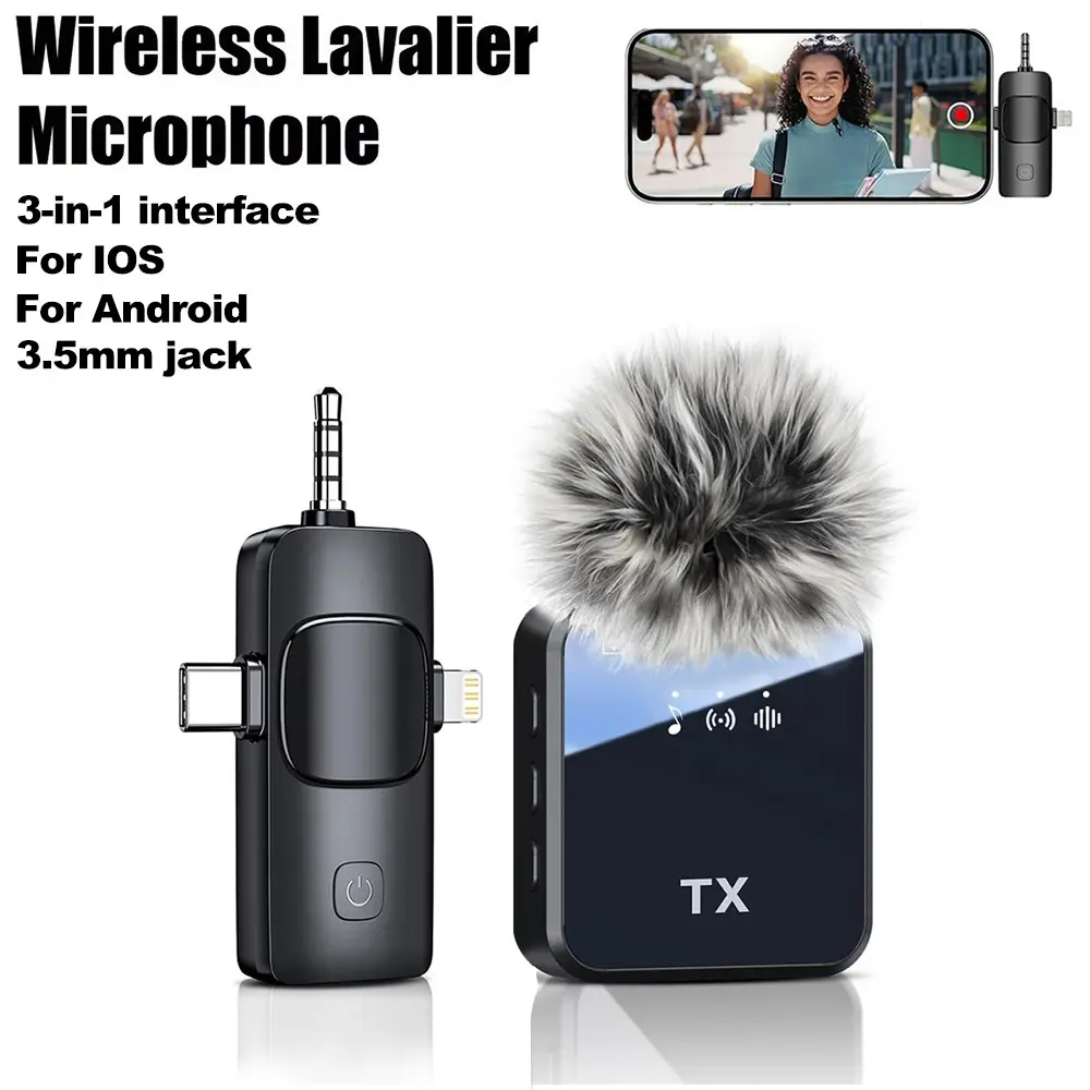 Wireless Lavalier Microphone 3-In-1 Receiver with Noise Reduction and Reverb, Compatible with iOS Android Camera, Ideal for Live Streaming
