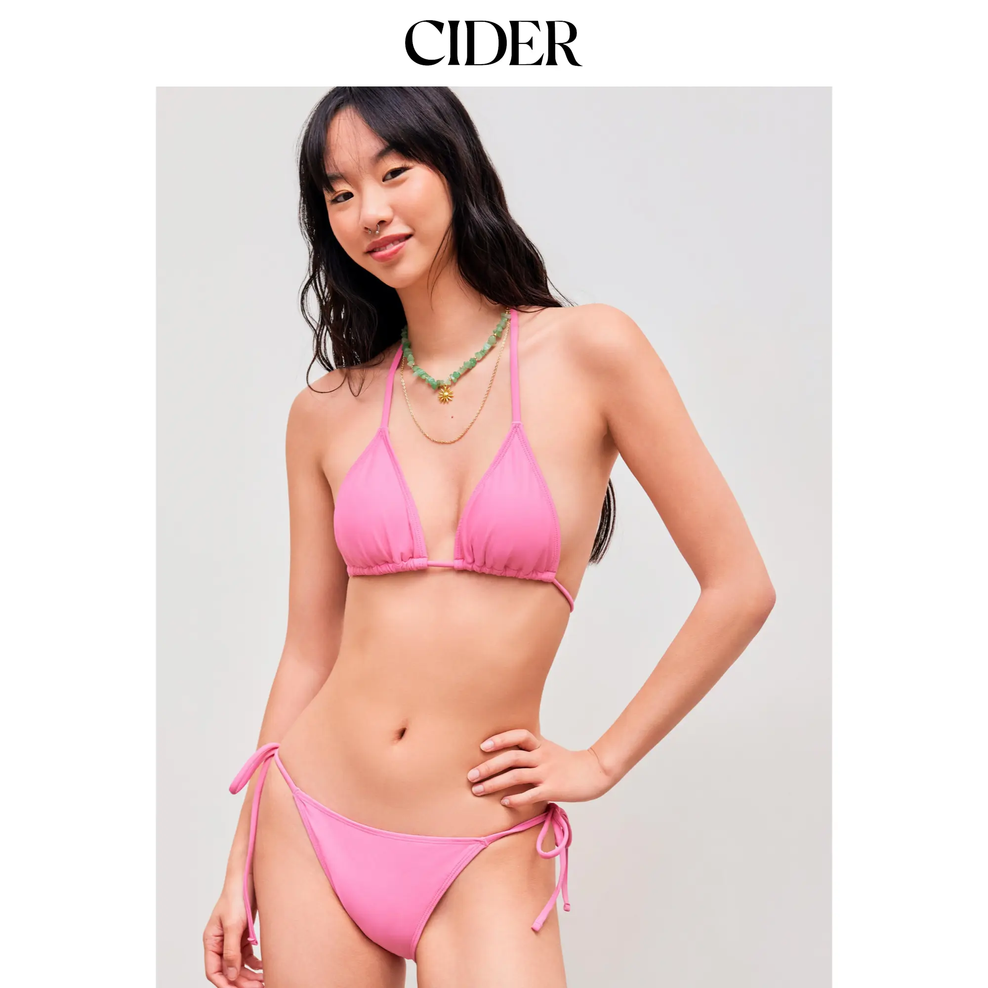 Cider V-neck Solid Bracelet Tie Side Bikini Swimsuit