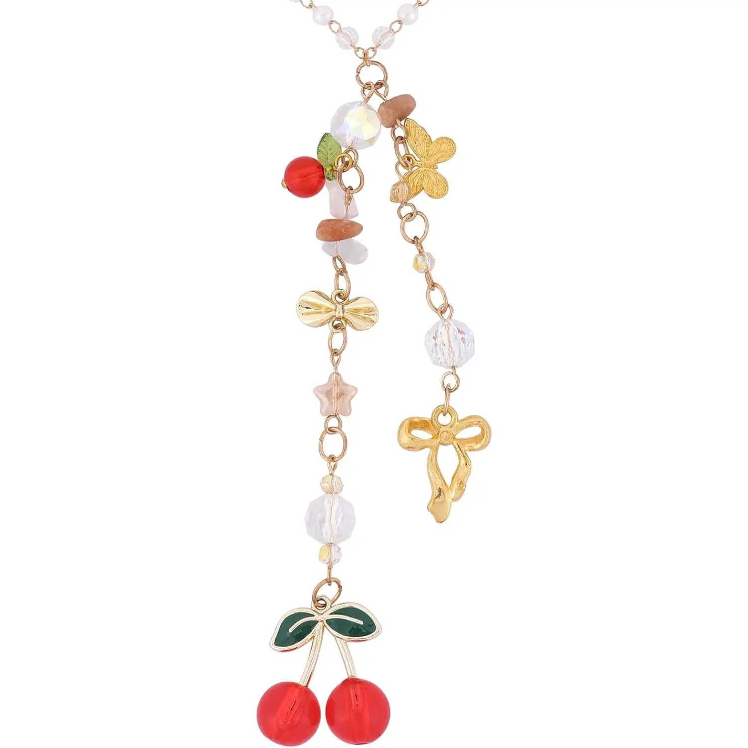 Cherry Bow Rear View Mirror Charm -   Bead  Suncatcher Pendant, CherrIies  Ornament for  Accessories, Aesthetic  for Women  Driver