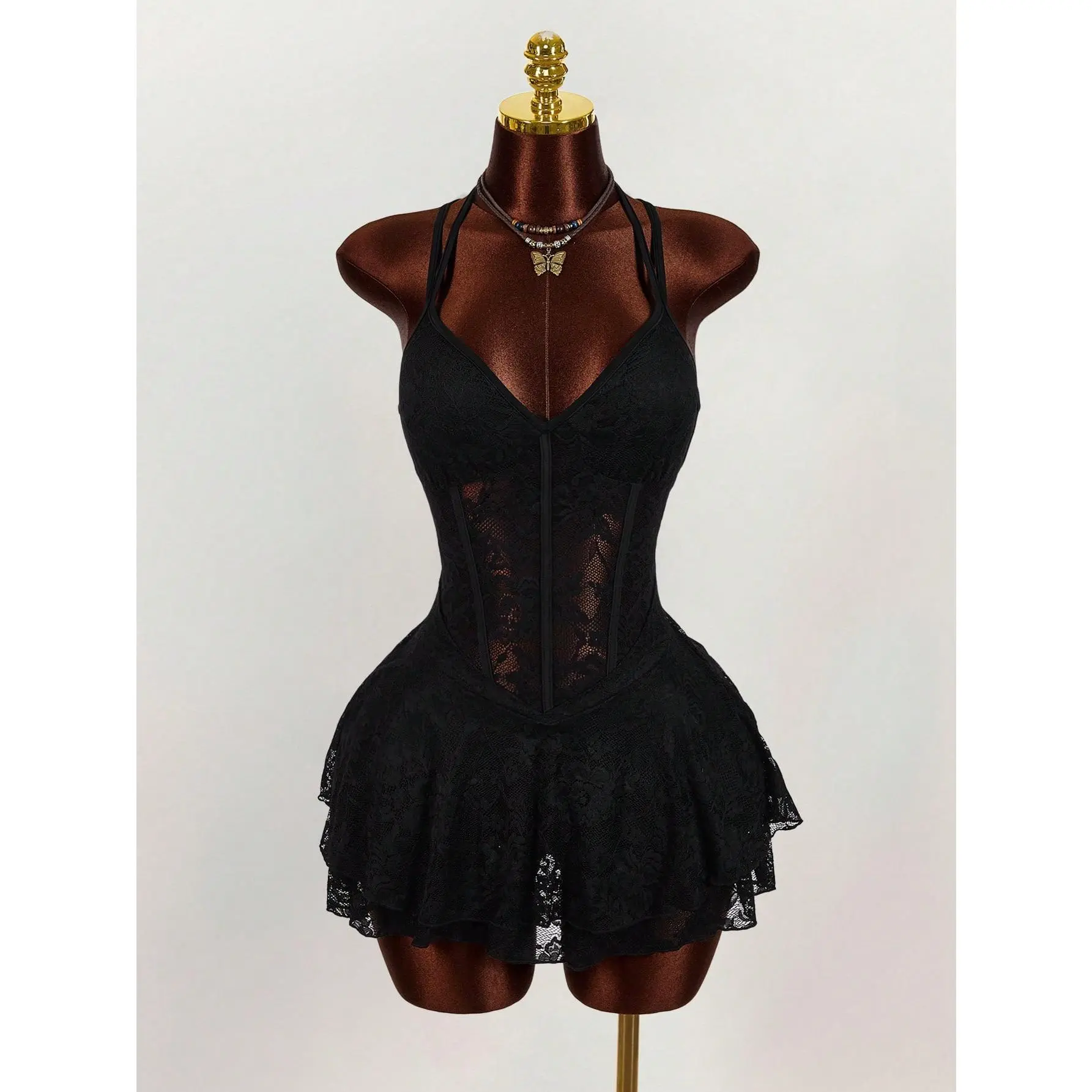 Women's Vintage Semi-Sheer Sleeveless Lightweight Lace Patchwork Bodycon Mini Dress - Heart-Shaped Bust, Comfortable Fabric, Beach, Party, Hand Wash Only, Do Not Bleach, Iron on Low Heat