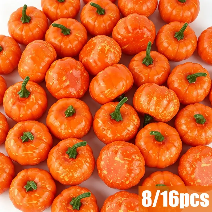 8/16pcs Mini Artificial Pumpkins, Small Fake Pumpkins with Spots & Stems, Realistic Foam for Halloween Decor, Thanksgiving