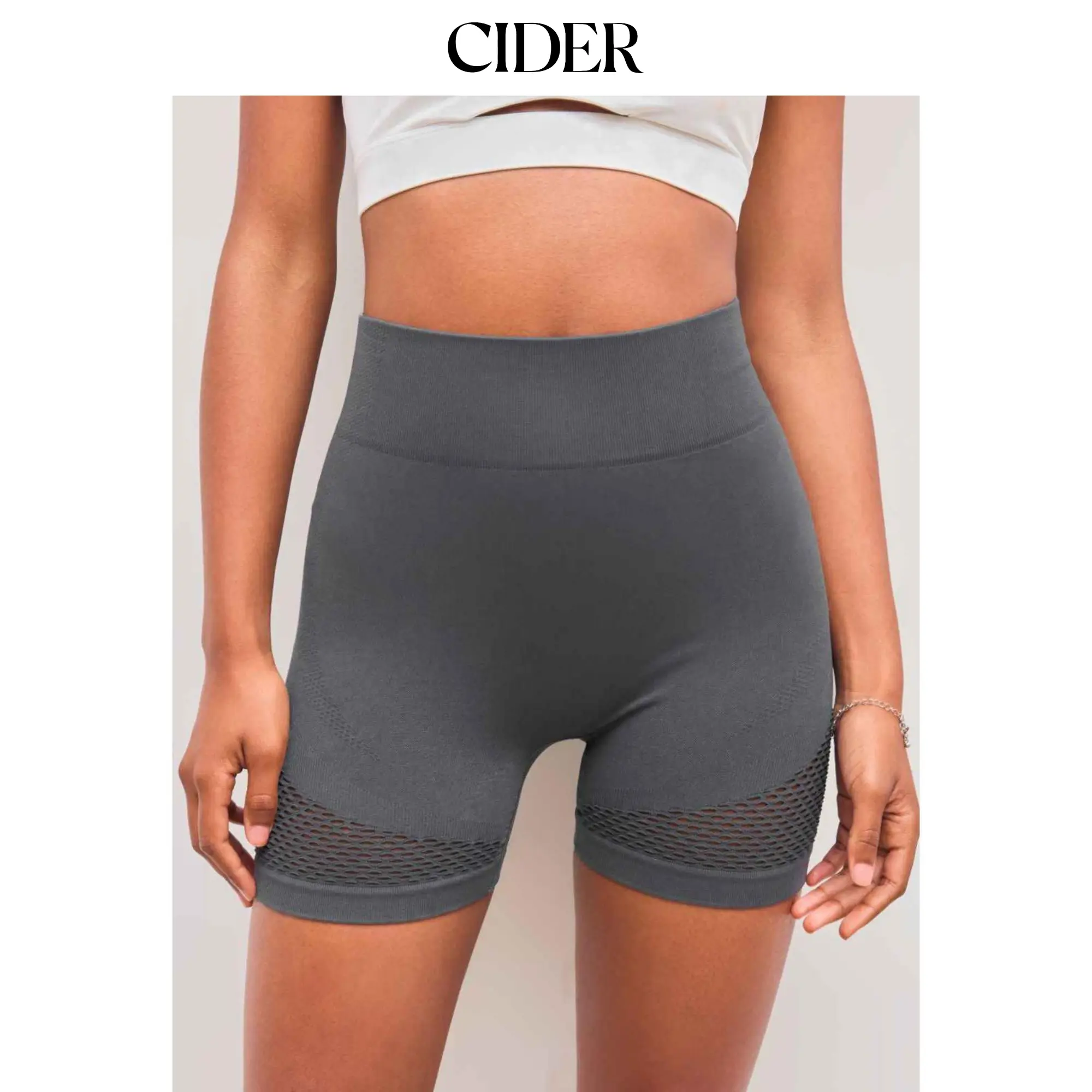 Women's Solid Athletic Biker Shorts, High Stretch Knitted Jersey Spandex, Seamless Mid Rise with Hollow Out Detail for Workouts, Polyamide
