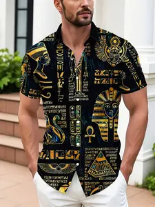 Men's Luxurious Egyptian Pharaoh Print Shirt, Exotic Culture Pattern, Short Sleeve, Fitted, All Seasons Casual Blouse