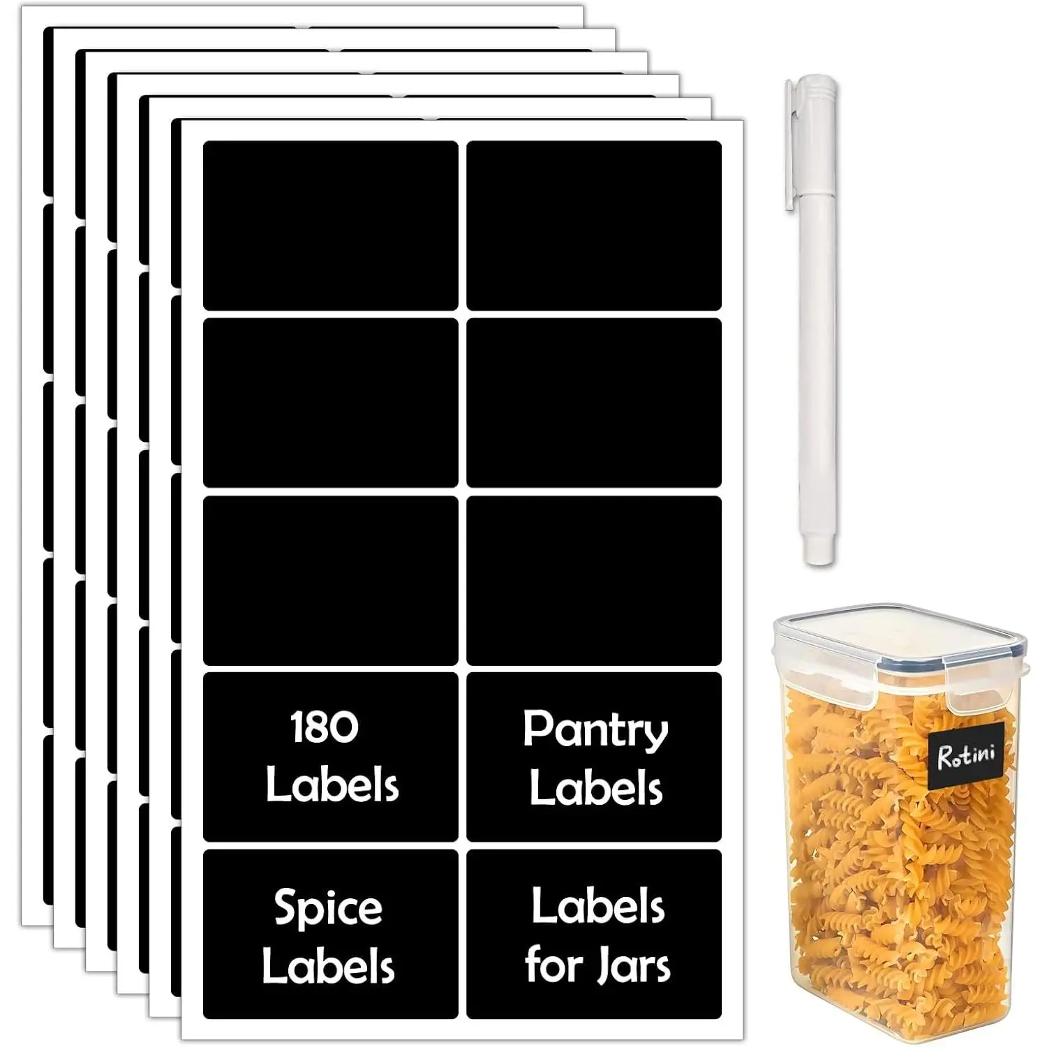 180 count Chalkboard Labels for Jars,   Blackboard Stickers with 1 Liquid Chalk Markers, Kitchen Organization Labels Removable (Black, Rectangle)