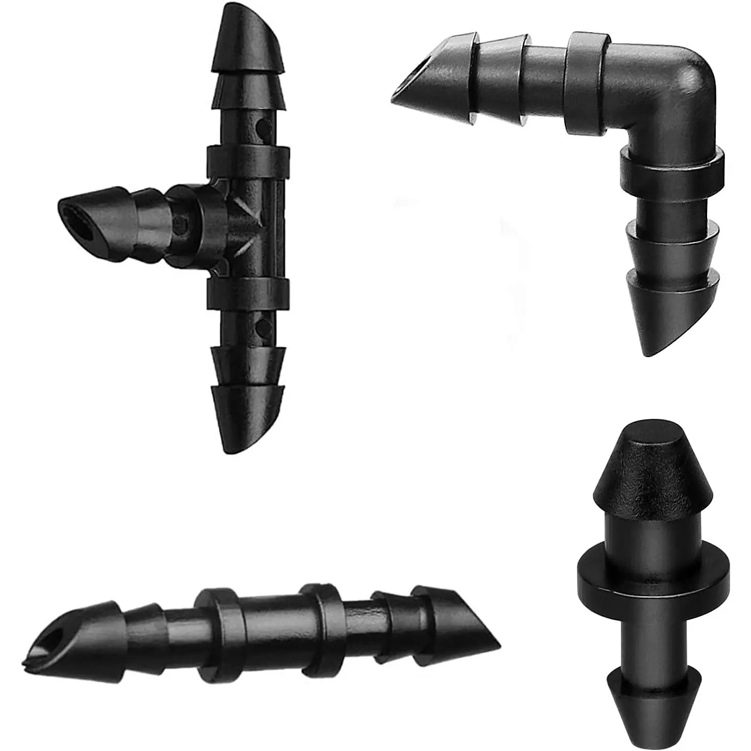 Irrigation Fittings Kit for 1/4" Tubing 110 count Set - 50 Couplings,30 Tees, 20 Elbows, 10 End Plugs - Barbed Connectors for Drip or Sprinkler Systems