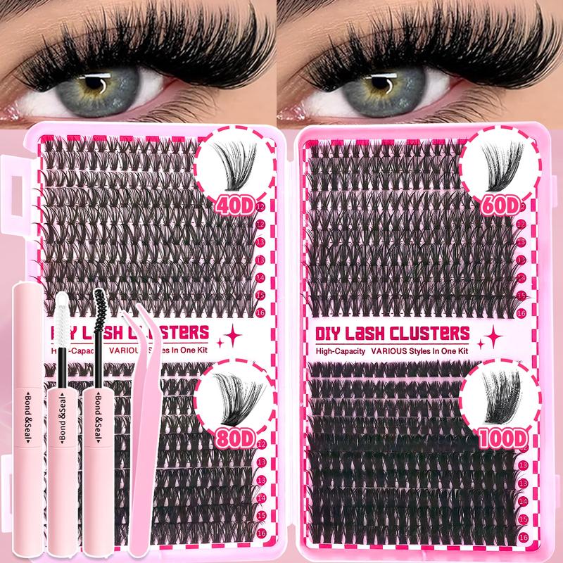 800/740/200pcs Eyelash Extension Kit, Fluffy Lash Extension Set with Lash Bond & Seal, Lash Tweezers and Thick Lash Clusters, Wispy Individual D-Curl Lashes with Eyelash Glue & Tweezers (30D/40D/50D/60D/80D/100D Mixed, 9-16mm)