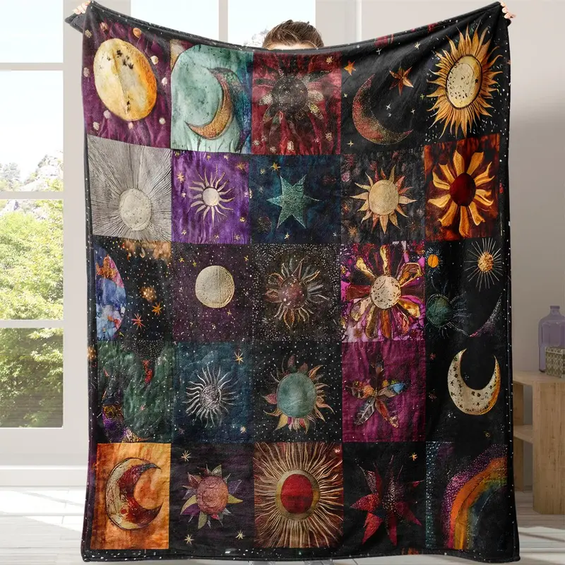 Star and Moon Pattern Graphic Printed Throw Blanket, Soft Cozy Decorative Print Blanket for Bedroom, Sofa, Office and Travel Naps
