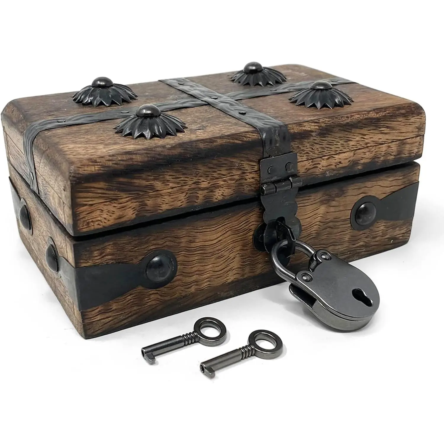 Treasure Chest Wooden Box with Antique Iron Lock and Skeleton Key (X-Small 5 x 3 x 2) - Storage and Decor – Pirate Wooden Treasure Chest, Decorative Box with Hinged Lid
