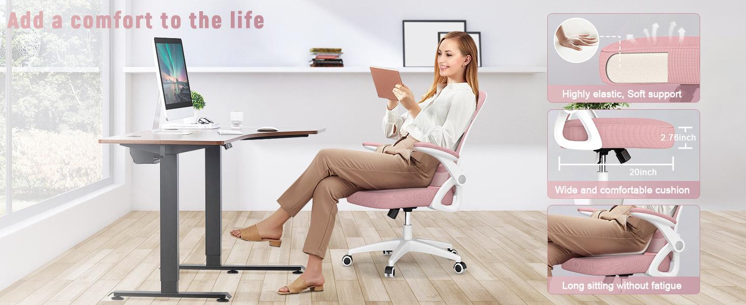 Ergonomic Office Chair, Computer Chair with Adjustable Height, Flip-Up Arms and Lumbar Support, Breathable Mesh Desk Chair for Home Study Working (Without Headrest, Pink)