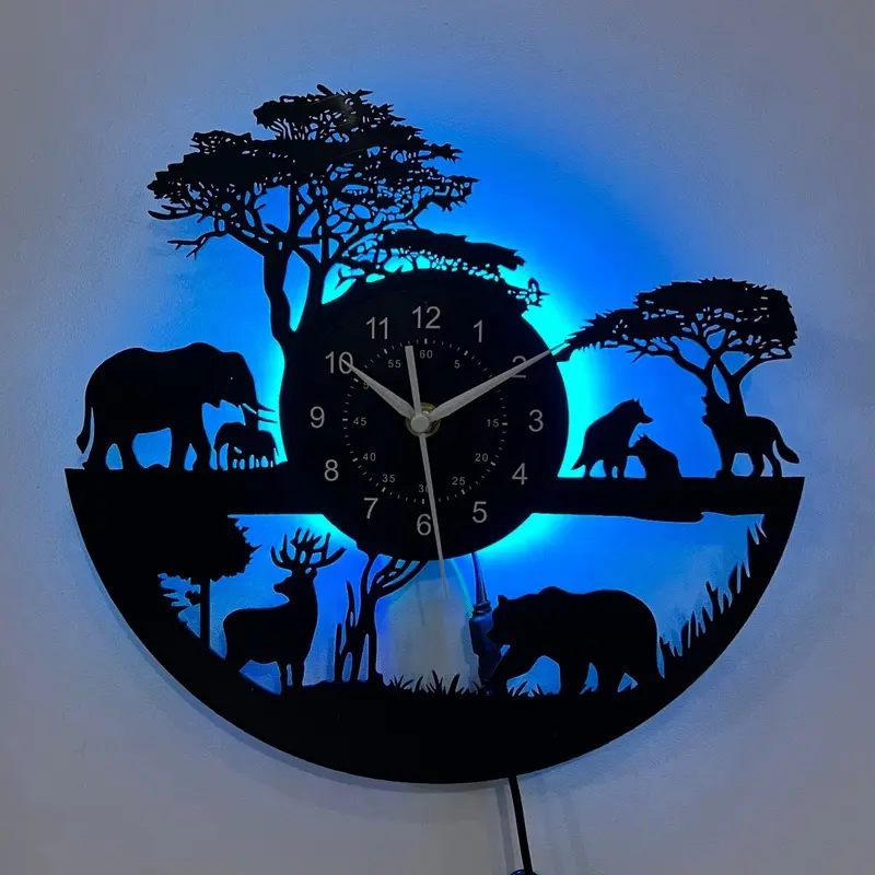 LED Vinyl Record Wall Clock, Safari Wildlife Elephant Deer Bear Wolf Silhouette Silent Non-Ticking Quartz Wall Watch, Vintage Vinyl Decor, Wall Decorations for Home Living Room Bedroom, Man Cave Decor, Timeless Gift, Housewarming Present, Christmas Gift f