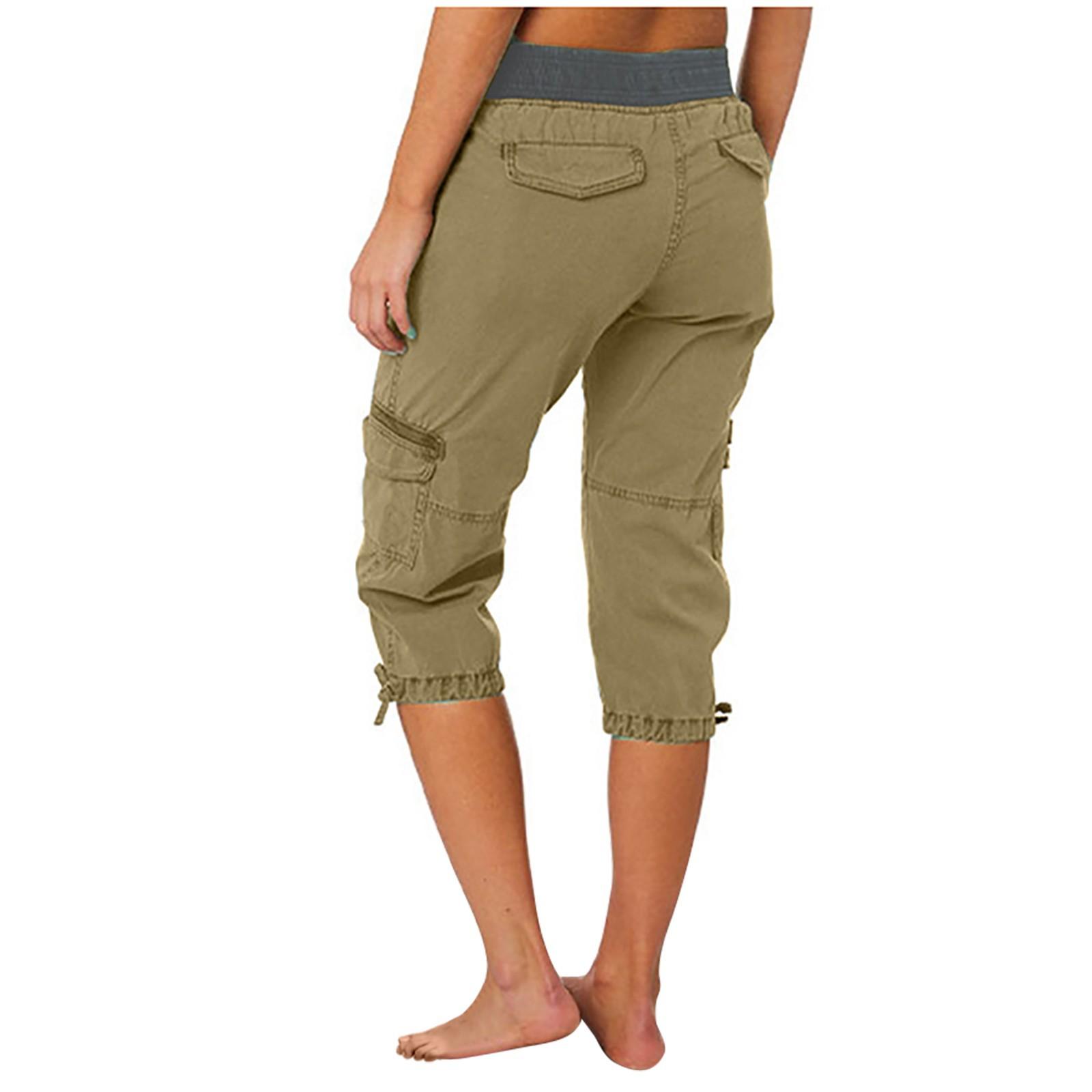 Women Cargo Capris Soild Casual Pants With Pocket Drawstring Outdoor Hiking Pants Women'S Slacks Thin Streetwear Tops Chic White Womenswear Bottom Comfort Basic