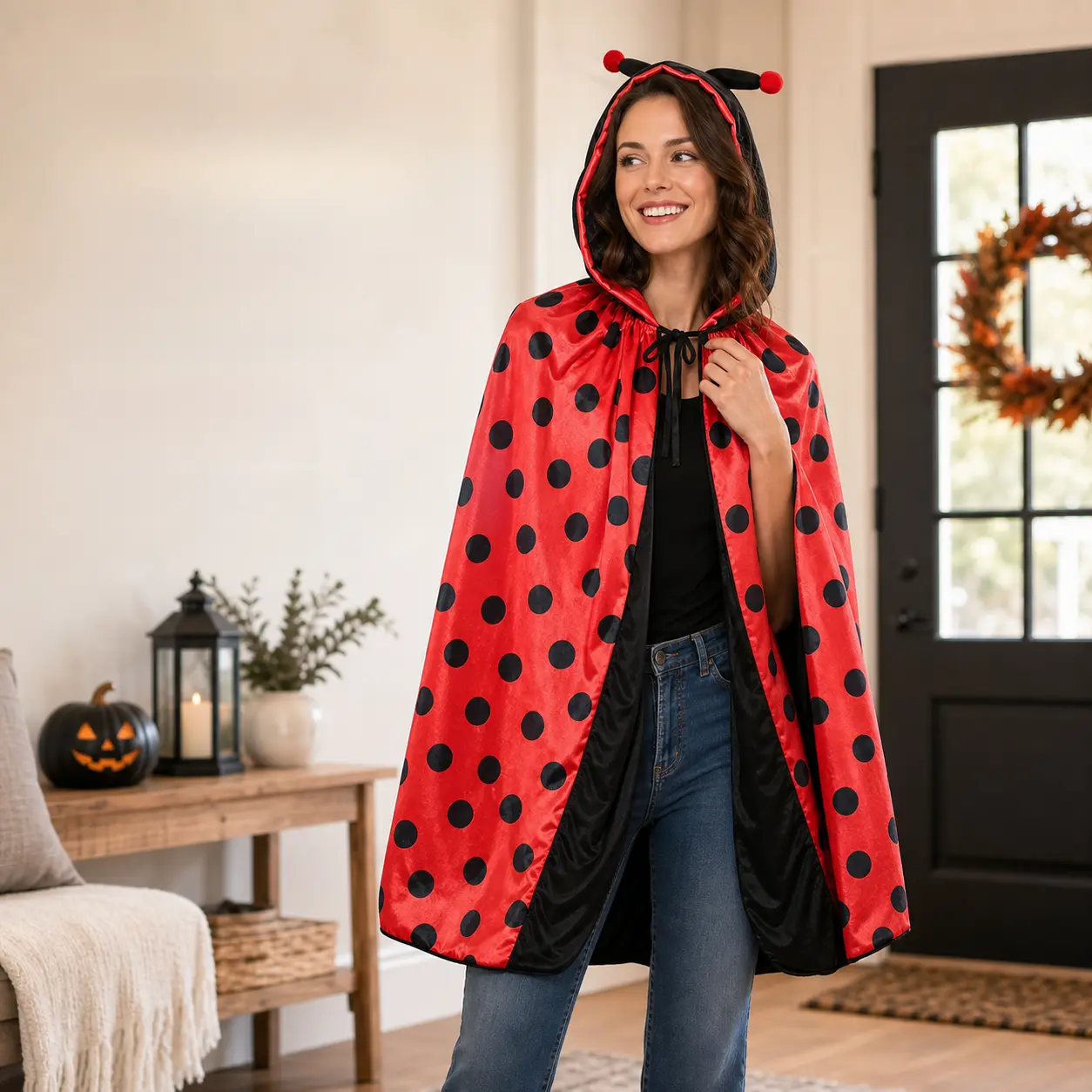Unisex Ladybug Hooded Cape with Black Spots, Red Insect Costume Cloak for Halloween Cosplay Party