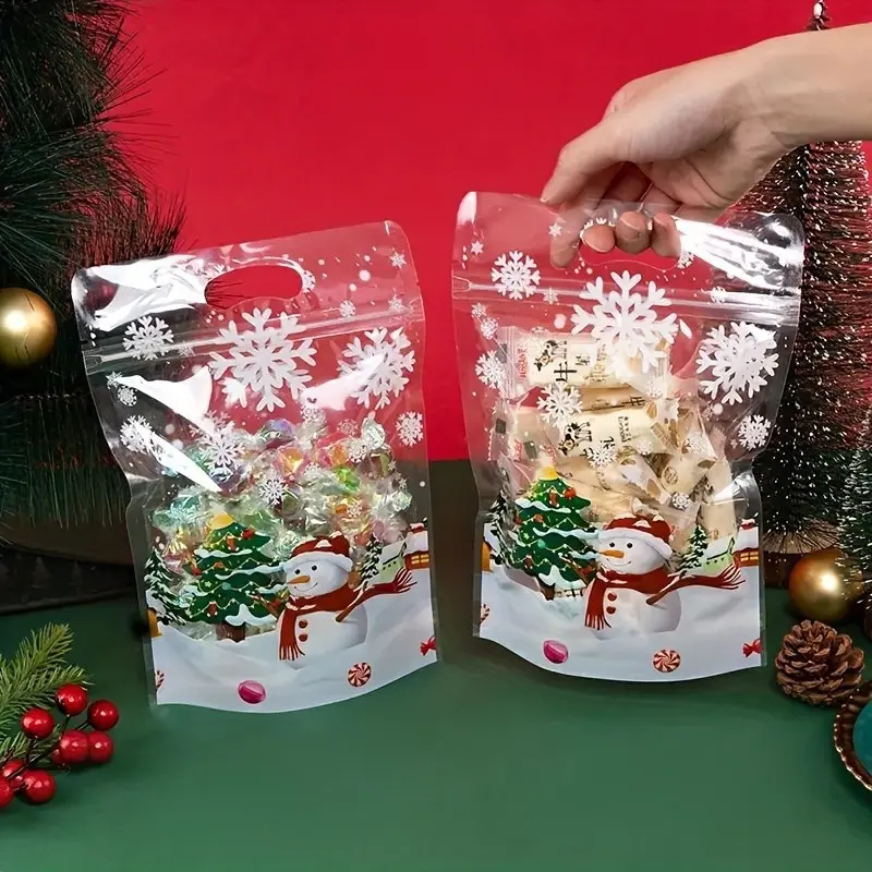 50pcs Christmas Snowman Transparent Zipper Bags, Reusable Sealed Snack Bags, DIY Cookie and Candy Packaging, Holiday Gift Bags