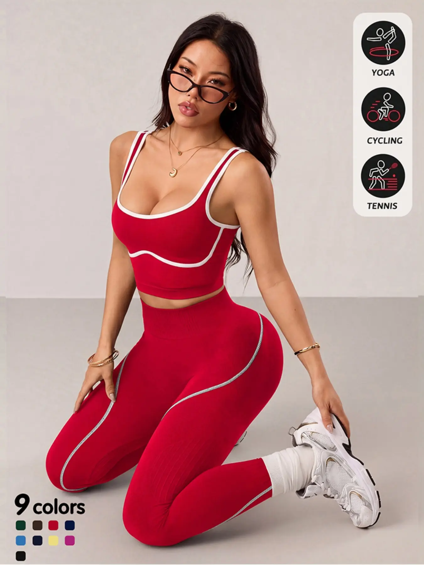 Women's 2-Piece Sportswear Set, Sports Bra and High-Waisted Tummy-Control Leggings, Fashionable Yoga and Gym Outfit for Fitness and Daily Exercise