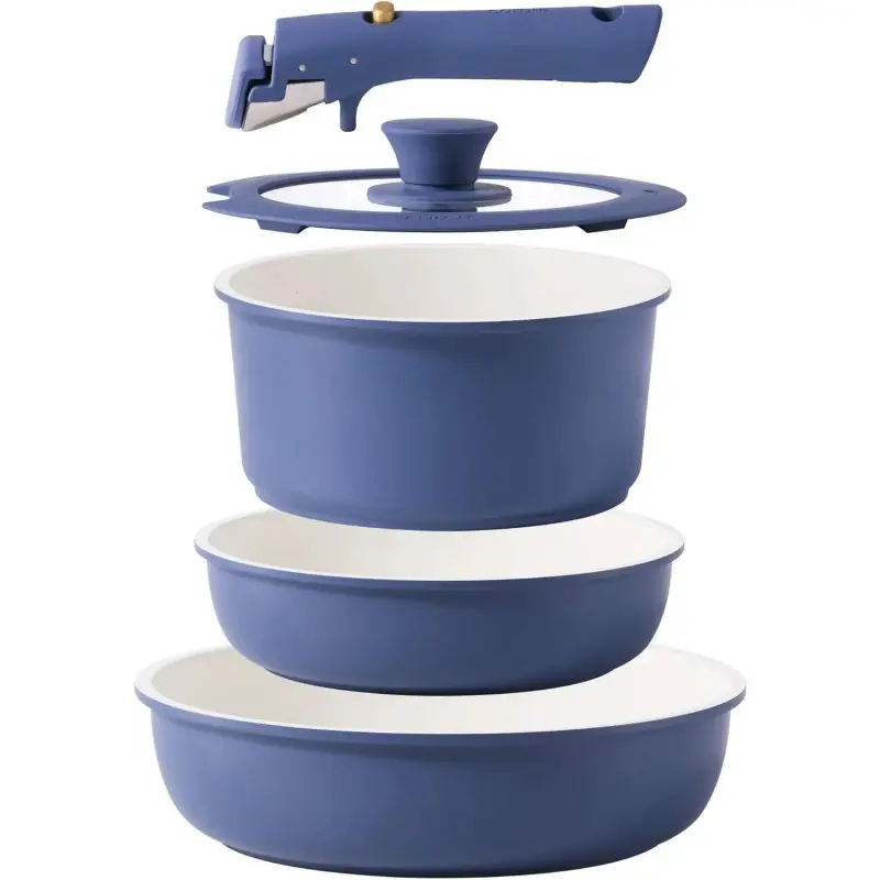 5PCs Non-Stick Multi-Size Stacked Cooking Pot Sets, Removable Handle Induction Cookware Set, Oven-Safe RV Kitchen Essentials, Blue (Free Item Included), Nonstick Cooking Set