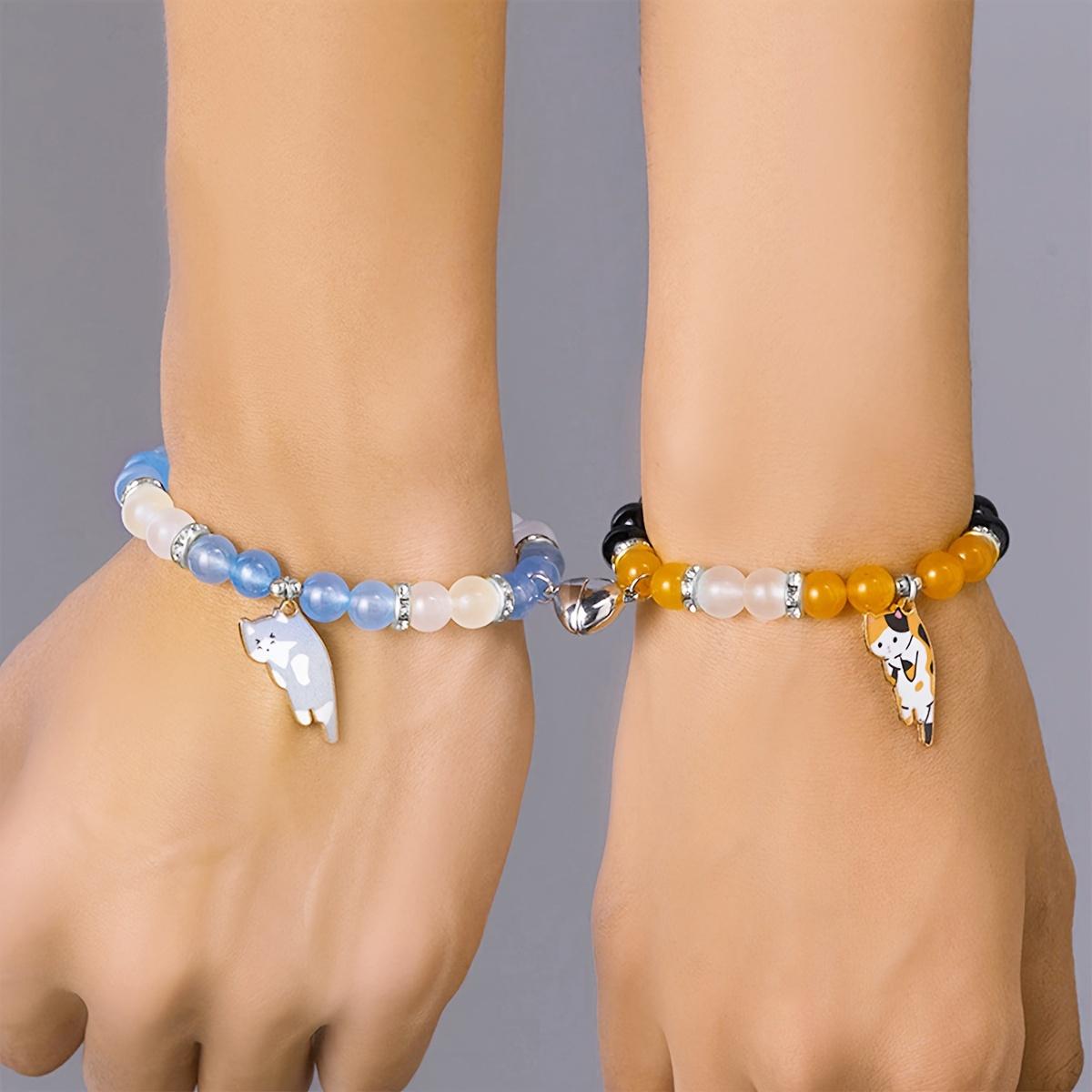 2pcs Magnetic Couple Bracelets with Cat Charms, Romance Style, Matching Friendship Bracelet Set with Heart Pendant, Creative Gift for Cat Lovers
